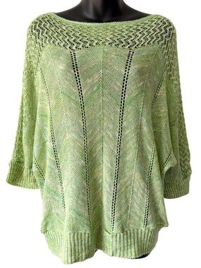 Light Green Open Knit Crochet Dolman Sweater Pullover Womens Medium Oversized
